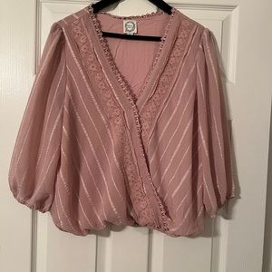 🐠 Blue Rain.Women’s Blouse.XL.Elastic WaistLaceDetail.Blush Color. 3/4 Sleeve